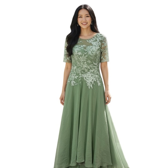 Sage Mint Green Floral Appliqué Sequin Semi Sheer Mesh Top Dress Sz 4 - Picture 1 of 7